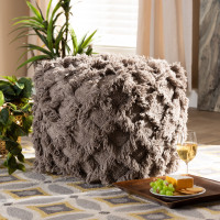 Baxton Studio Asuka-Taupe-Pouf Asuka Moroccan Inspired Taupe Handwoven Cotton Fringe Pouf Ottoman